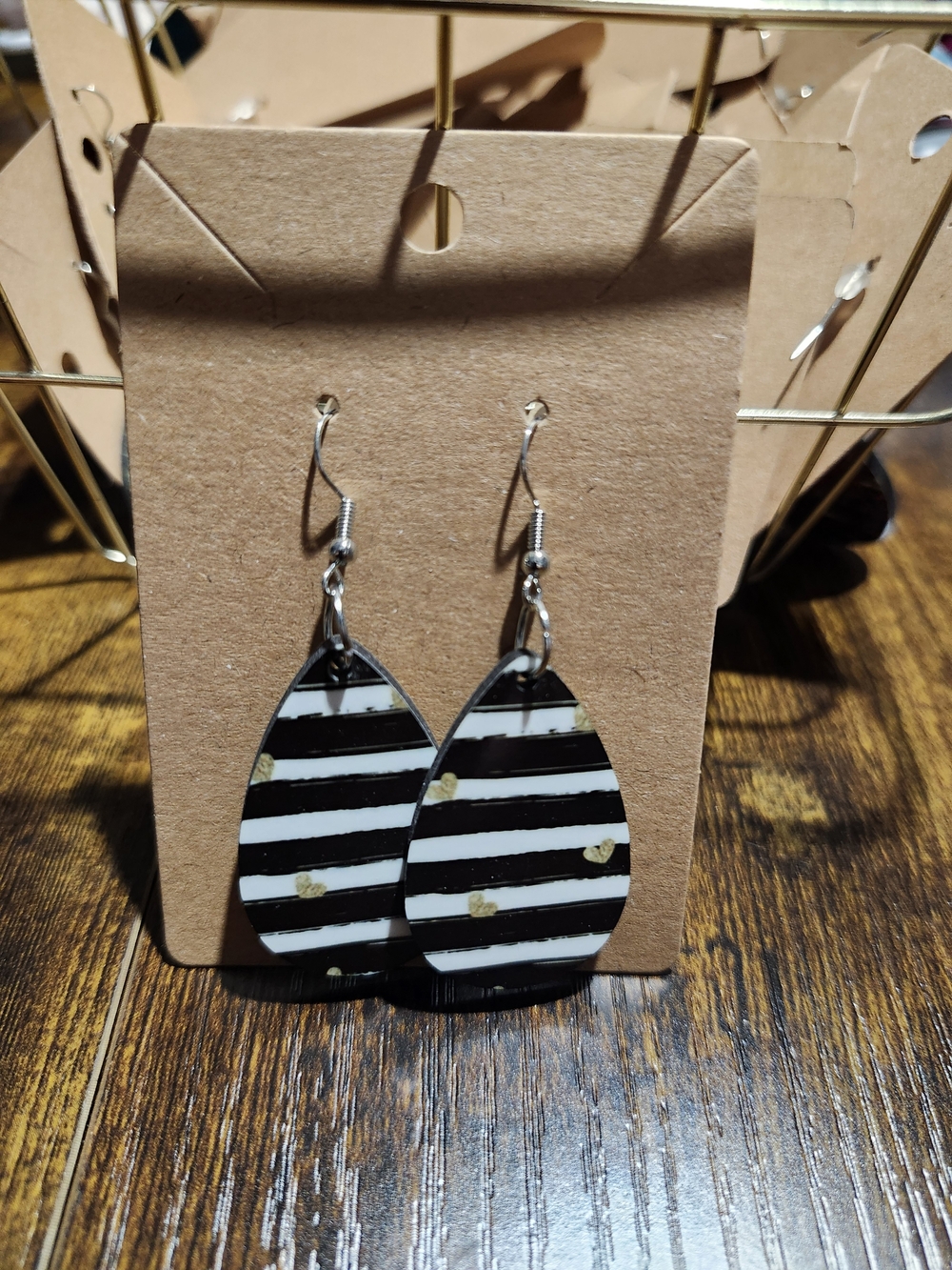 Striped Teardrop Dangle Earrings in Black and White with Gold Accents